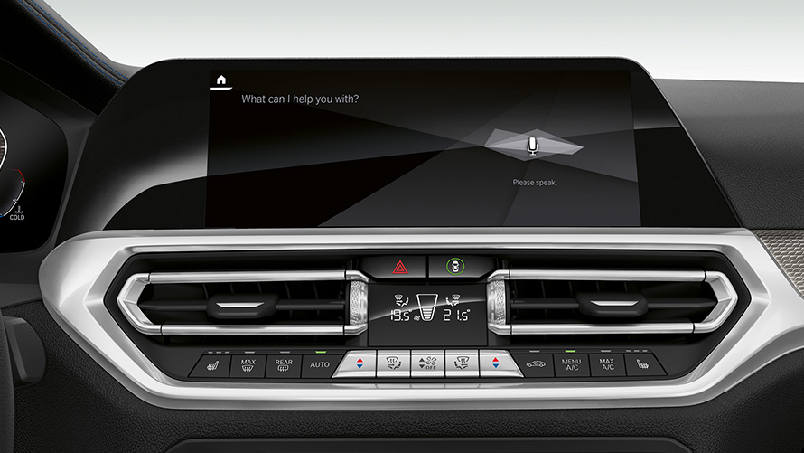 BMW Série 3 Berline (G20), BMW Intelligent Personal Assistant. Gros plan de l’affichage du poste de conduite de la BMW Série 3 Berline (G20) avec BMW Intelligent Personal Assistant.